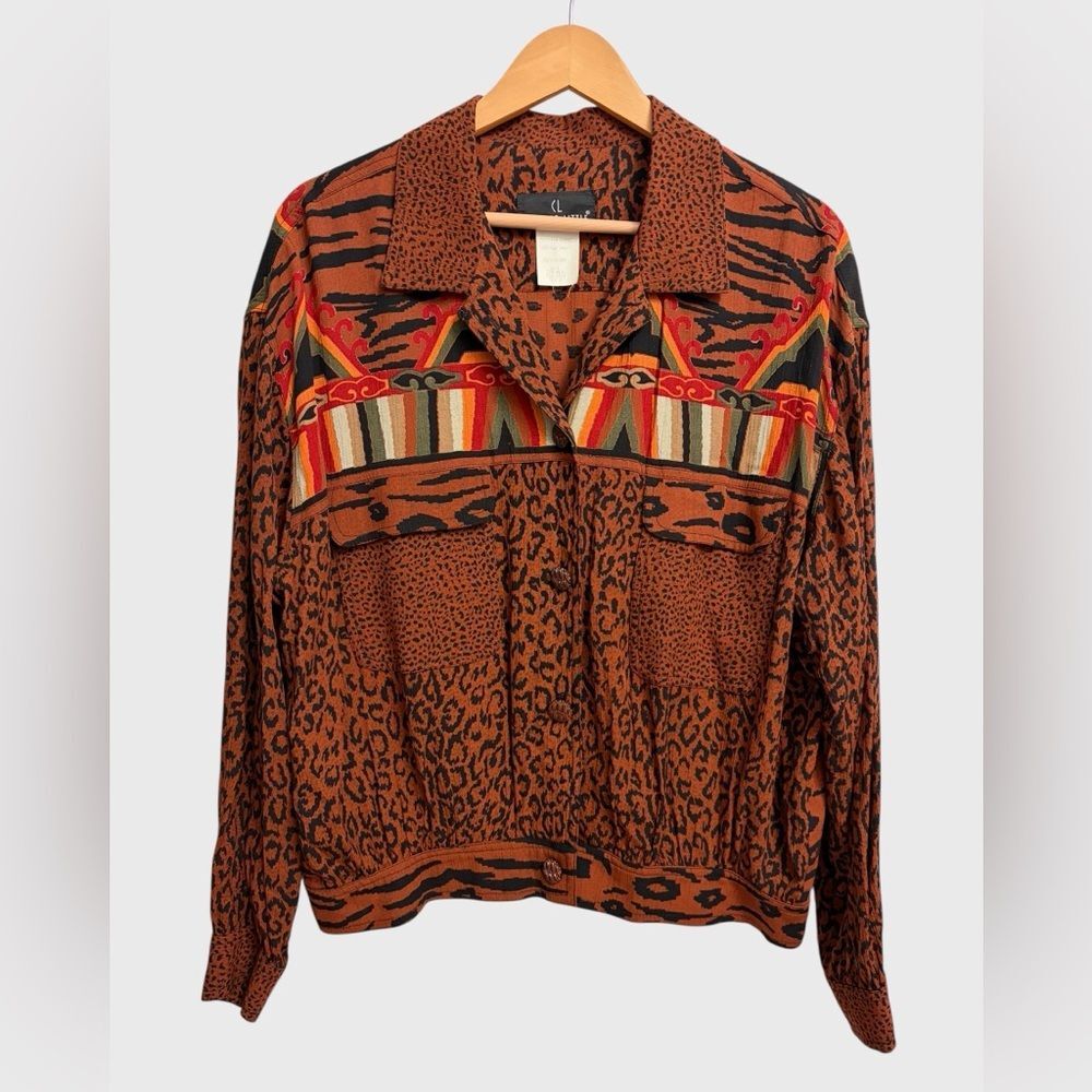 Vintage Carole Little Animal Tribal Print Boho Shirt Jacket Women's Sz 12 Artsy